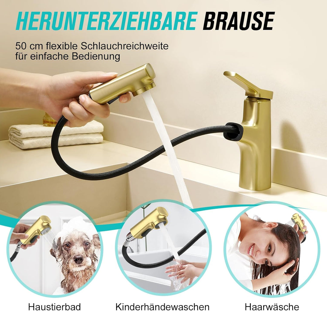 CREA Modern Waschtischarmatur Badezimmer mit 2 Wasserstrahlarten Brause ausziehbar, Einhebelmischer