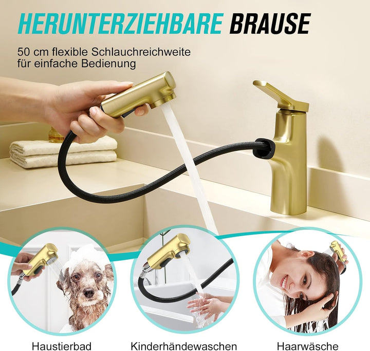 CREA Modern Waschtischarmatur Badezimmer mit 2 Wasserstrahlarten Brause ausziehbar, Einhebelmischer