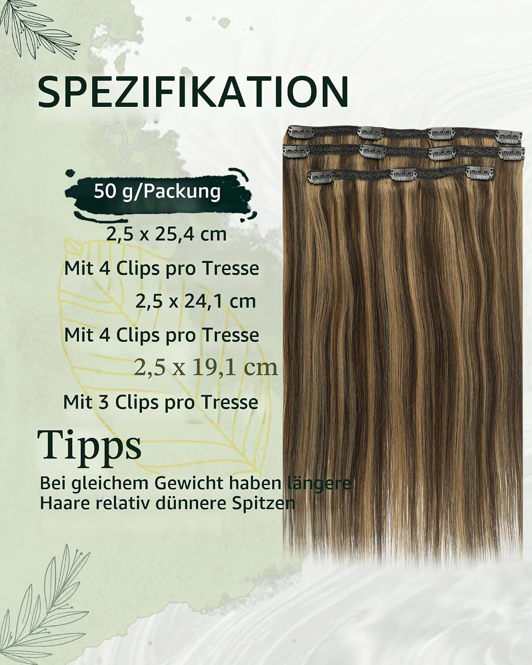 RUNATURE Echthaar Extensions Clip Braun Hervorheben 25cm 3pcs Clip in Extensions Echthaar Seamless C