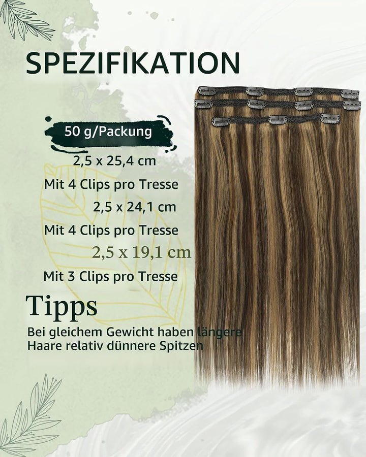 RUNATURE Echthaar Extensions Clip Braun Hervorheben 25cm 3pcs Clip in Extensions Echthaar Seamless C