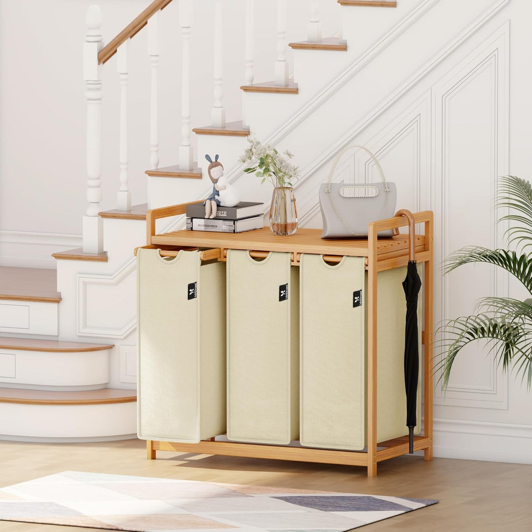 AdelDream Wäschekorb 150L, 3 Fächer Wäschesammler mit Ablage, Bambusrahmen | Wäschesortierer mit 3 x