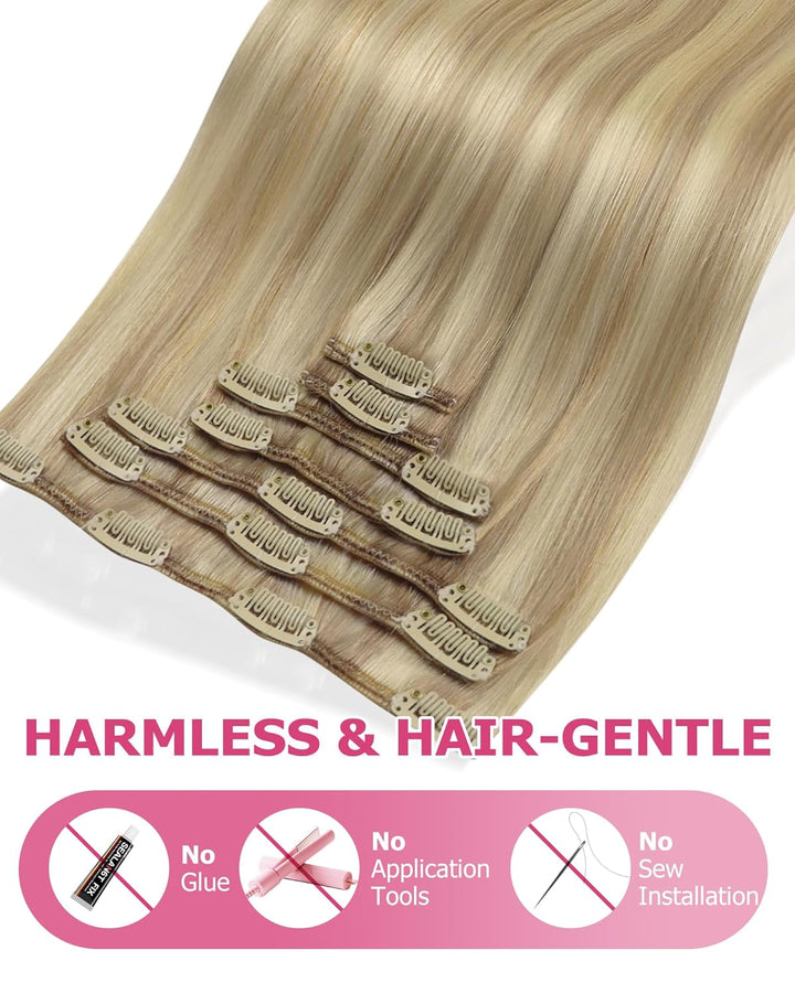 YoungSee Echthaar Extensions Clip Blond,Clip in Extensions-Echthaar Goldblond Highlight Hellblond,Cl