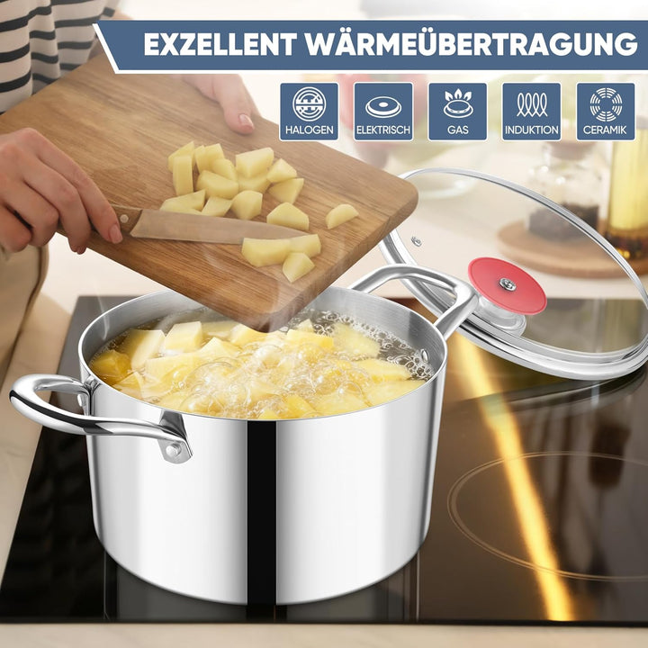 Kochtopf, Onader 3-Lagen Edeastahl Topf Induktion, 5,6L Kochtöpfe Nudeltopf Suppentopf mit Glasdecke