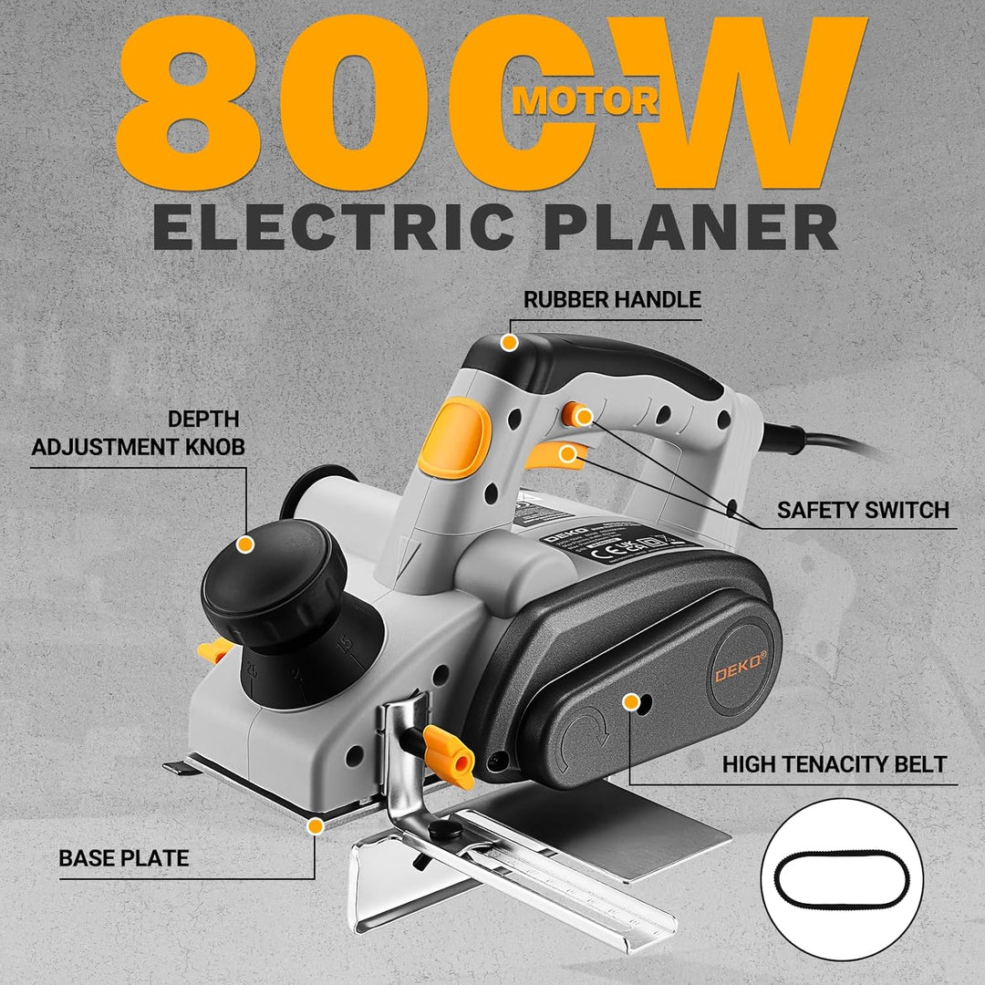 DEKOPRO 800W Elektrischer Handhobel Hobel, 16000 U/min Holzhobel, 82mm Hobelschneidenbreite &amp; 3mm Ti
