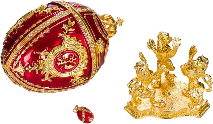 Fabergé-Stil Ei/Schmuckkästchen mit Löwen 15,5 cm rot