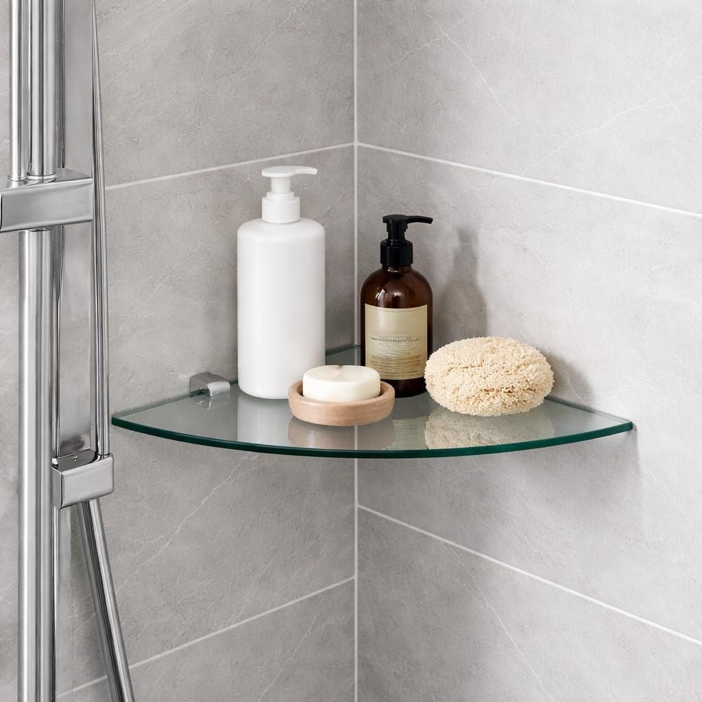 Euro Tische Glas Eckregal 25x25cm, Wandregal für Badezimmer, Duschregal Bad, Glas Badregal mit 6mm E