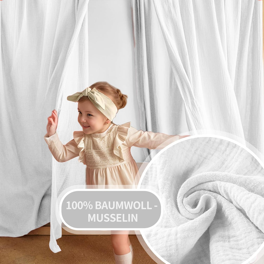 iLuane Hausbett Himmel aus 100% Baumwolle Musselin – Stoffhimmel Deko mit Schleifen – Betthimmel für