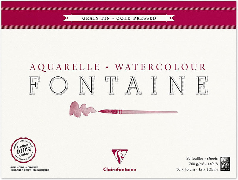 Clairefontaine 96415C Malblock, 4-seitig verleimt Aquarellpapier Feinkörnig, Fontaine/Hadern, 30 x 4