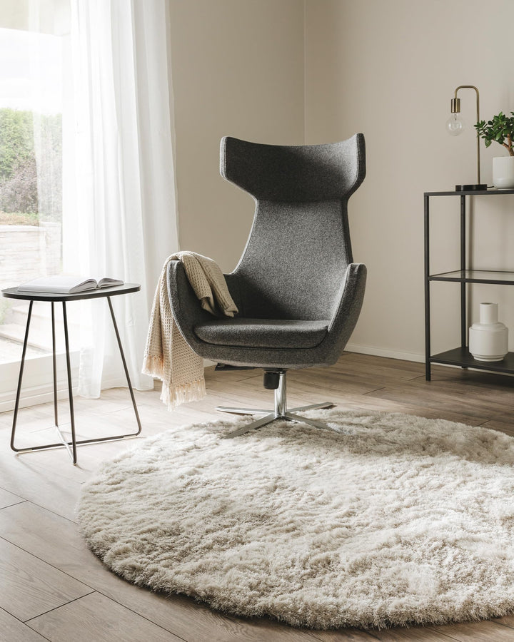 benuta Shaggy Hochflor Teppich Whisper Beige ø 80 cm rund | Langflor Teppich für Schlafzimmer und Wo