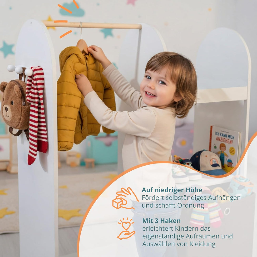 Relaxdays Kindergarderobe, 3 Haken, Kleiderstange & Aufbewahrungsbox, HxBxT: 108 x 97 x 35 cm, Kinde