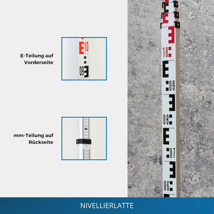 hedue® Nivellierlatte 4 m - Messlatte für Nivellierarbeiten auf Baustellen und zum Messen lichter Ma