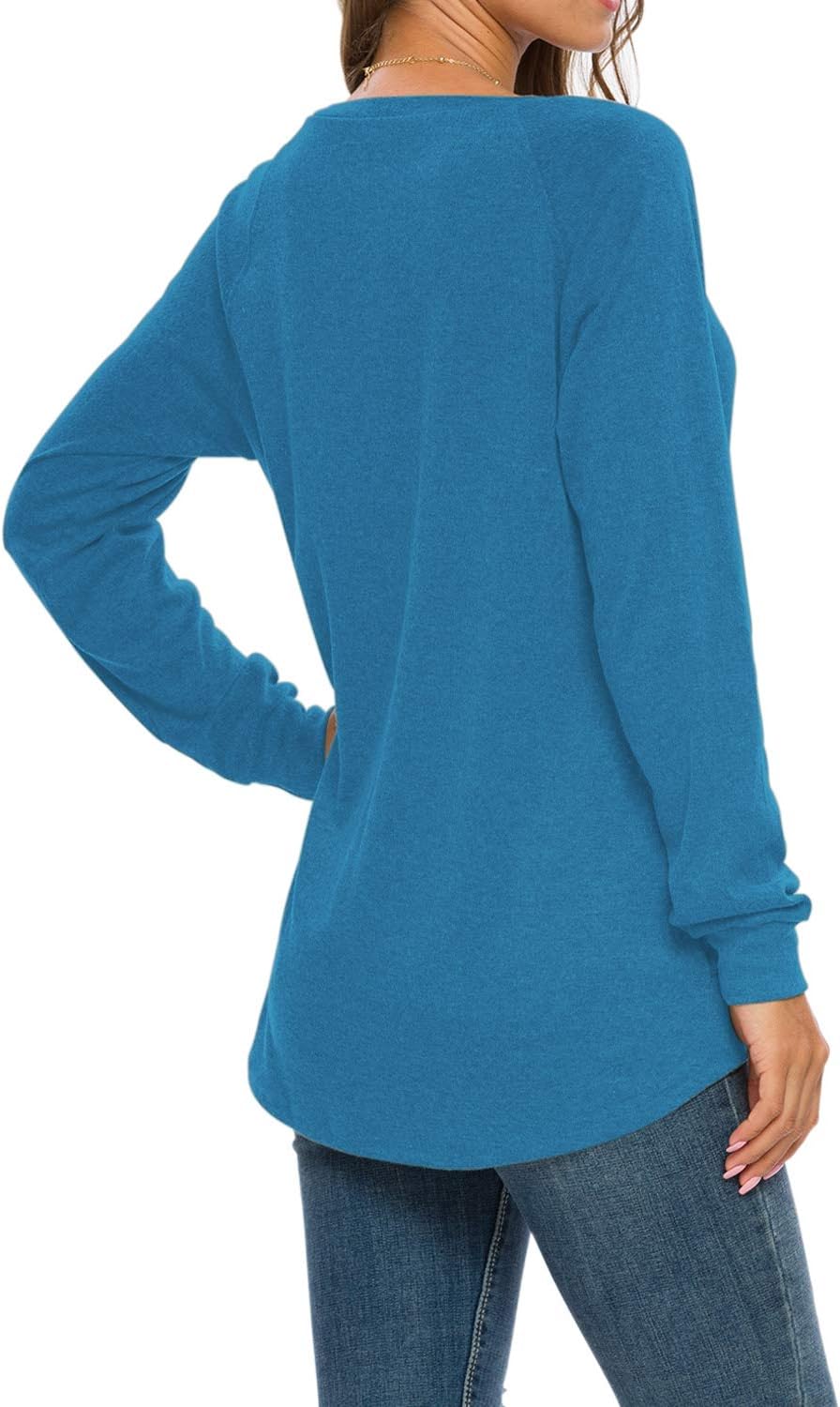 AUSELILY Damen Langarmshirts Rundhals T Shirts Blusen Tunika Sweatshirt Pullover Mit Taschen Blau S,