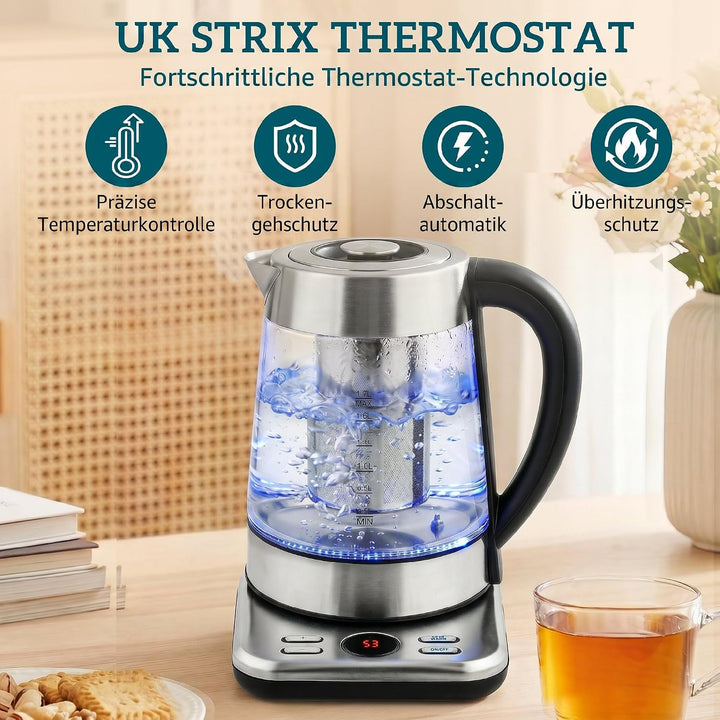 HOMCOM Elektrischer Wasserkocher, 1,7L Schnellkochender 2200W Wasserkocher mit UK Strix Thermostat,