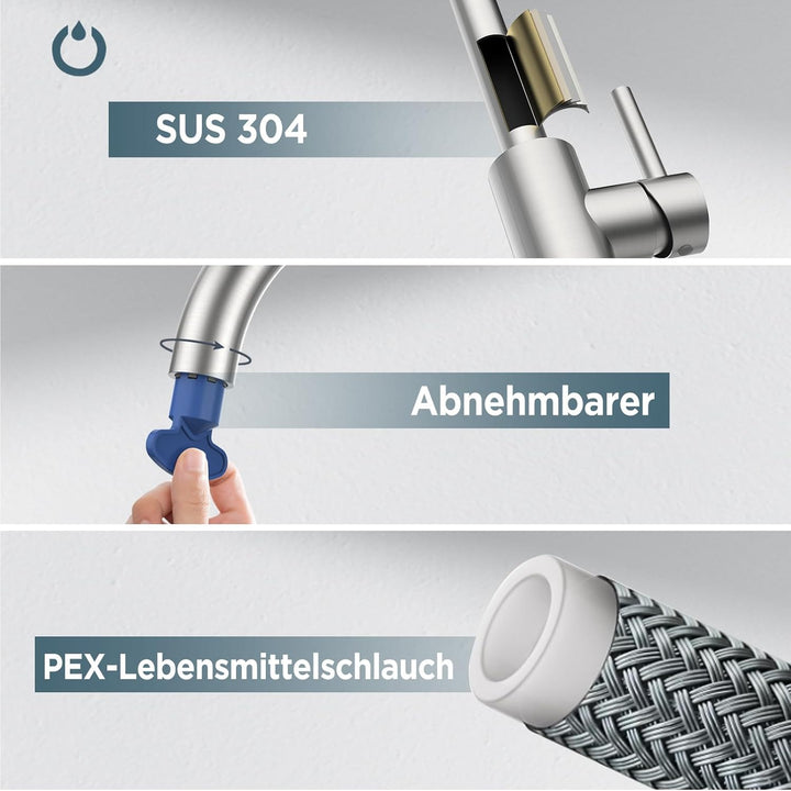 FORIOUS Wasserhahn Küche, 360° Drehbar Spülenarmatur Edelstahl Armatur Küchenamertur, Mischbatterie