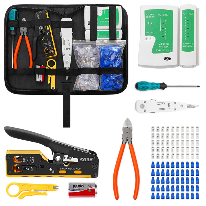 SGILE Netzwerk Werkzeug Set, RJ45/RJ11/RJ12 Crimpzange Kompatibel mit Cat5/Cat6, mit 50 x Cat6 RJ45
