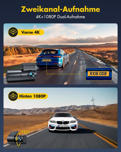 GKU Dashcam Auto Vorne Hinten 4K/2,5K WiFi Dash Cam mit 64GB SD Karte, Dual Auto Kamera mit Parküber