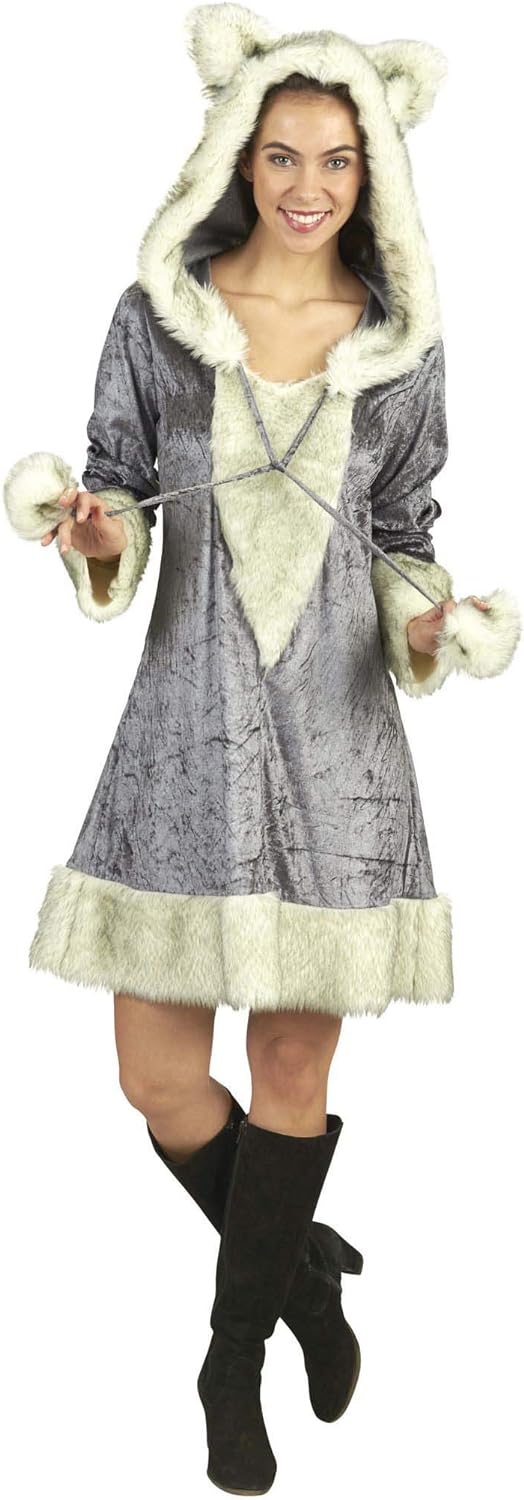 Andrea Moden - Kostüm Silberfuchs, Kleid mit Kapuze, mit Plüsch-Besätzen, Fuchs, Tier, Mottoparty, K