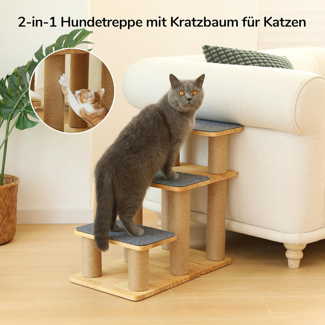 FUKUMARU Hundetreppe, 3 Stufen Haustiertreppe, Katzentreppe aus Kiefernholz und Jute，18-51cm einstel