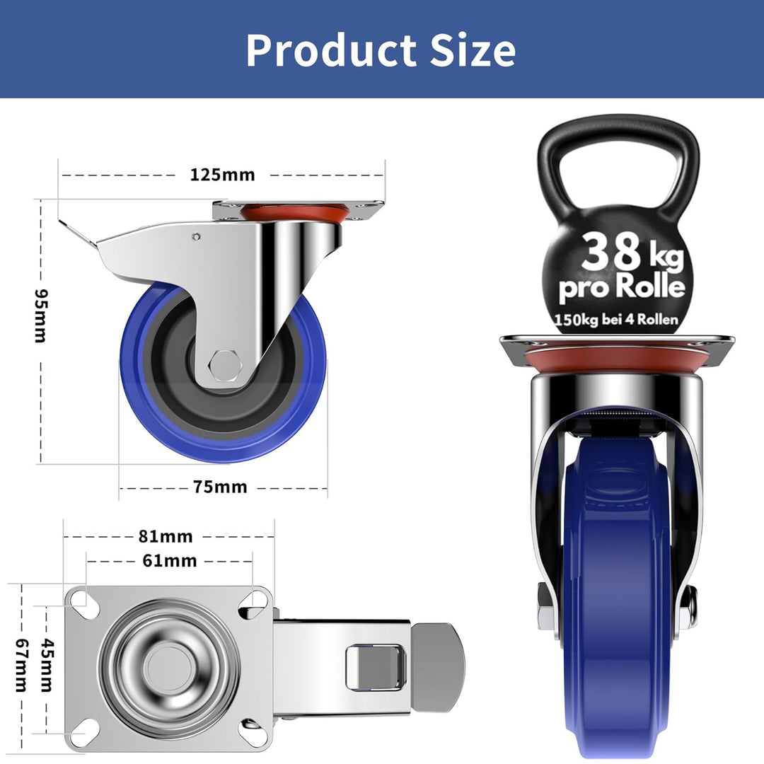 Forever Speed Schwerlastrollen 75mm 4 Stück Gummi Lenkrollen mit Bremse Premium Transportrollen bis