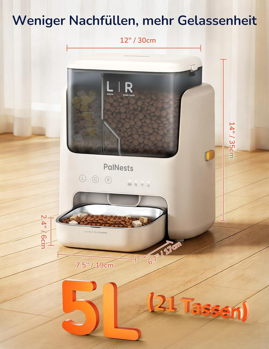 Futterautomat Katze 5L, PalNests Automatischer Futterspender für Katze und Hund mit Edelstahlnapf, D