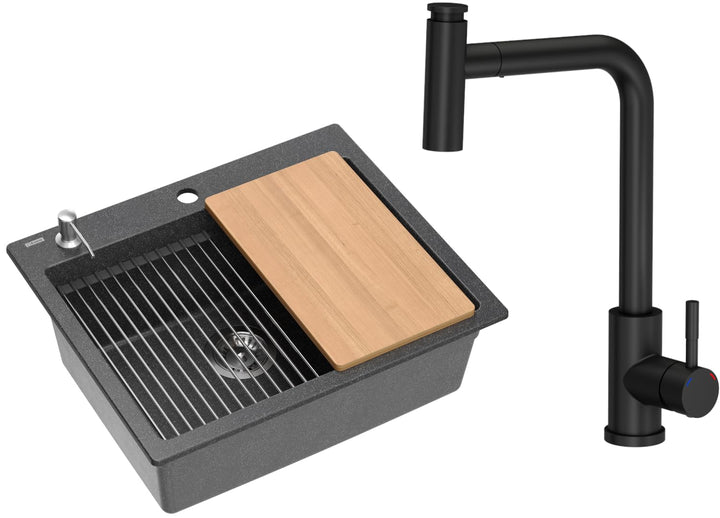 VBChome Set Spülbecken mit Armatur 60 x 50 cm Schwarz Spülmittelspender Siphon Matte Planke Granit S
