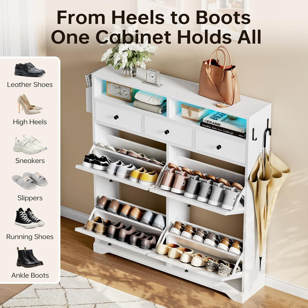 Dripex Schuhschrank schmal 4 Klappen und 3 Stoffschubladen, Schuhkipper mit LED, Verstellbare Trennw