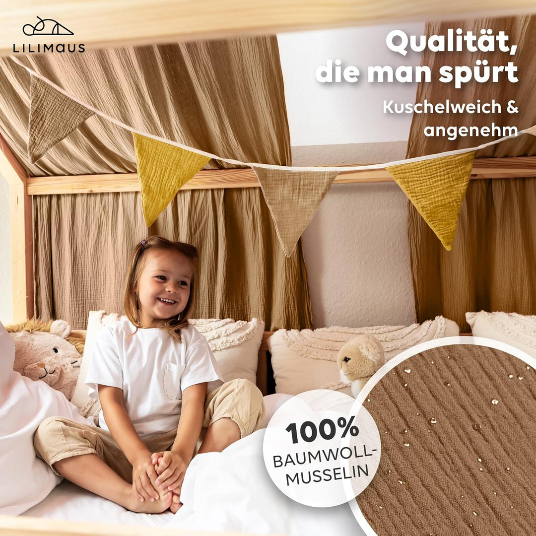 Hausbett Himmel mit Gold Applikation [in 12 Farben] Betthimmel Hausbett aus 100% Baumwolle Musselin