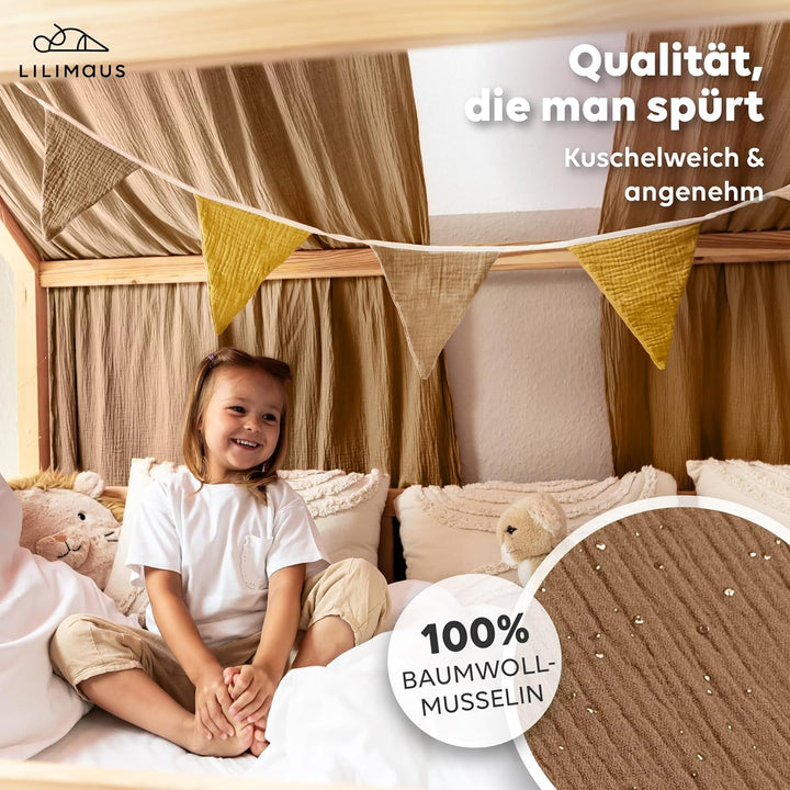 Hausbett Himmel mit Gold Applikation [in 12 Farben] Betthimmel Hausbett aus 100% Baumwolle Musselin