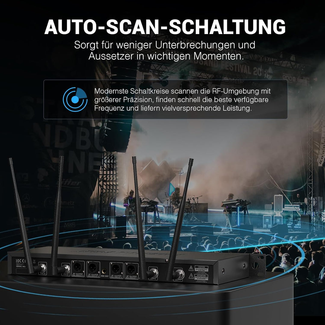 Phenyx Pro 4-Kanal-Drahtlos-Mikrofon-System, UHF Auto Scan Cordless Mic Set, 4 Bodypacks mit Headset