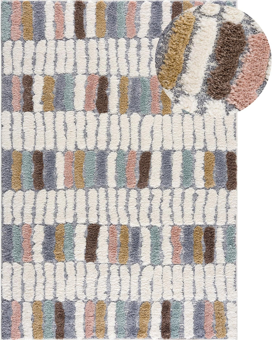 payé Teppich Wohnzimmer - 140x200cm - Hochflor Flauschig Weich - Pastellfarben Multi - Boho Design -