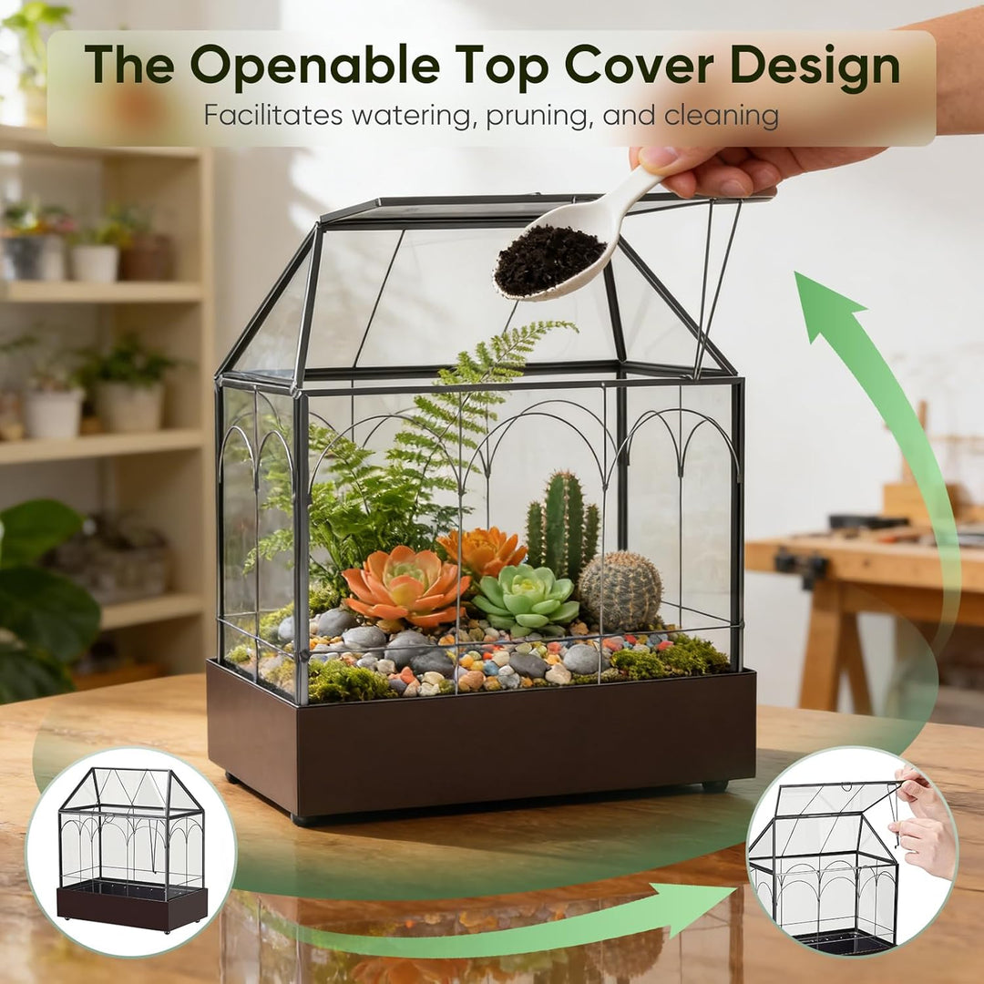 Mini Gewächshaus, 24x14,5x28cm Terrarium mit Aufklappbarem Glasdeckel, Volltransparentem Glas und Bo