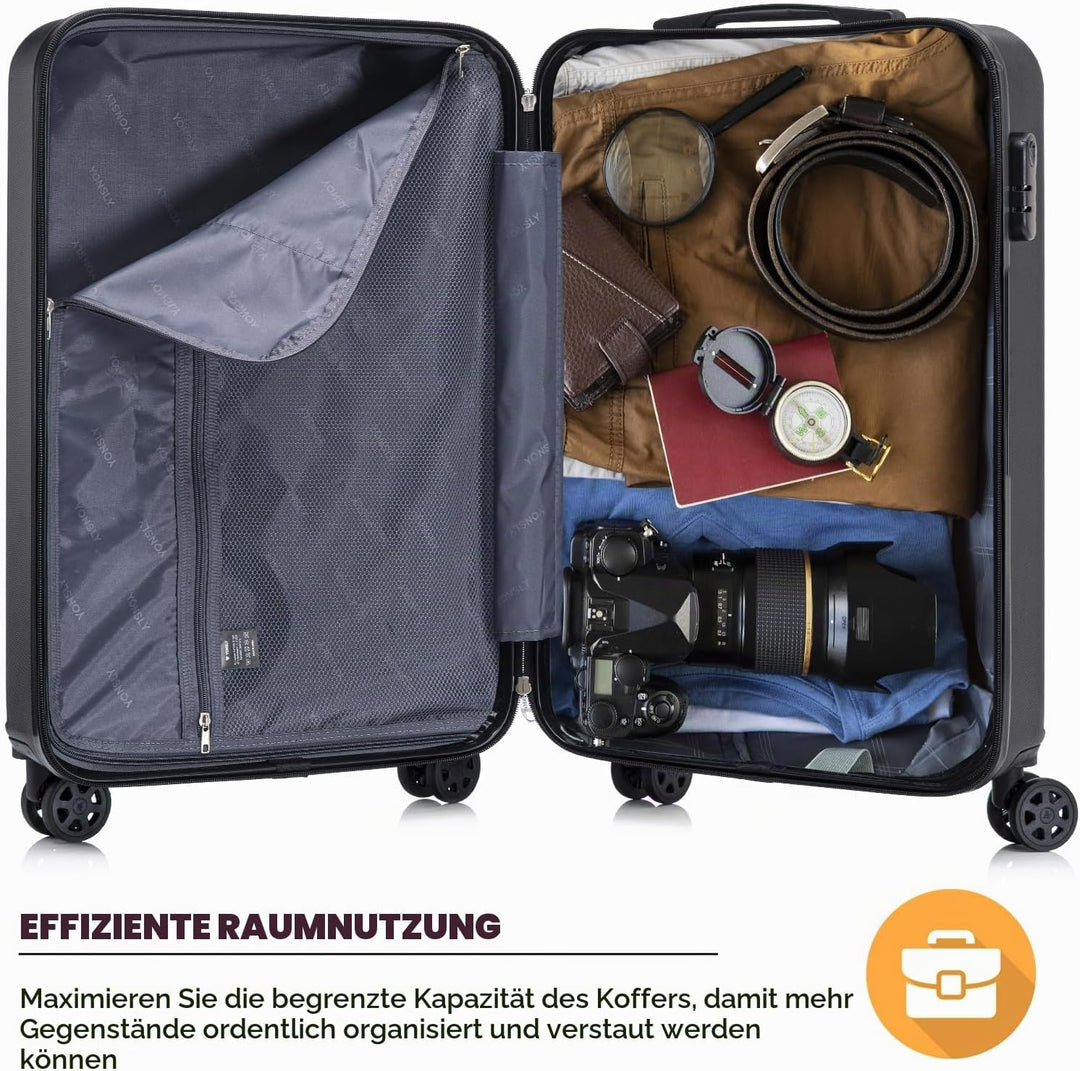 Koffer Suitcase M Schwarz, Trolley Reisekoffer, Kabinenkoffer Rollkoffer Handgepäck mit 4 Rollen 360
