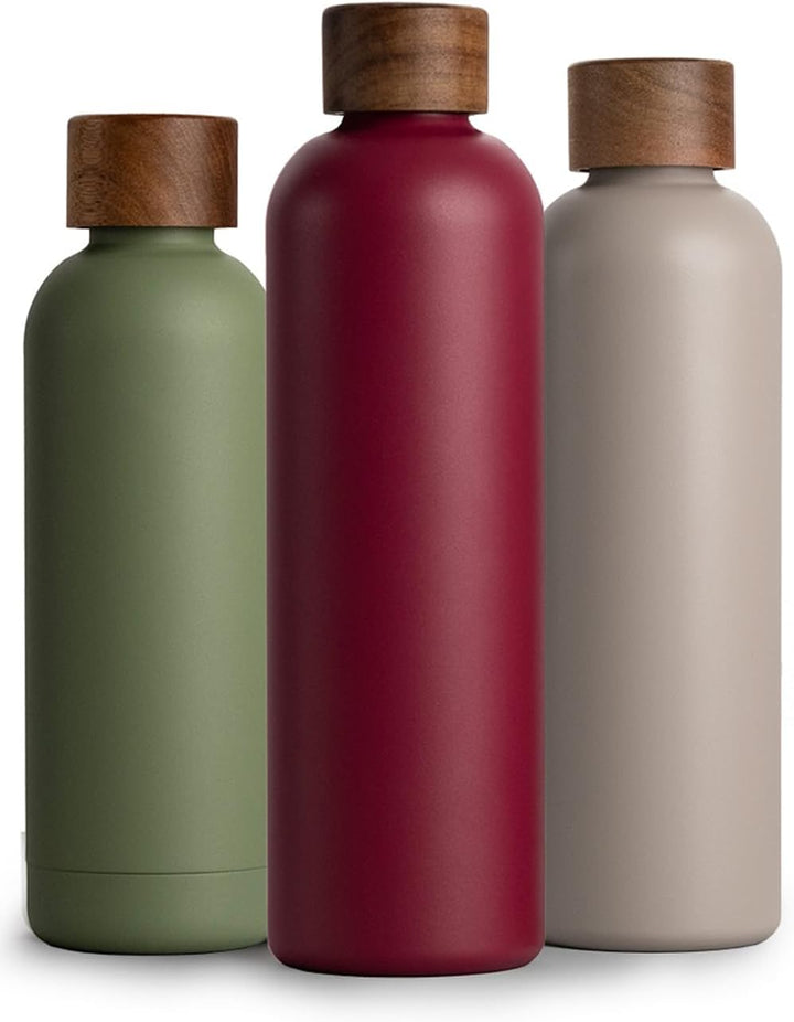 T&N Edelstahl Trinkflasche 1 Liter, Thermosflasche 1l mit Akazienholz Deckel, Isolierte Wasserflasch