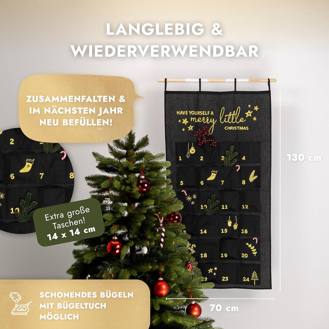 AMARI ® Adventskalender zum Befüllen Schwarz/Gold - XXL Wandkalender (70 x 130 cm) mit 24 Fächern zu