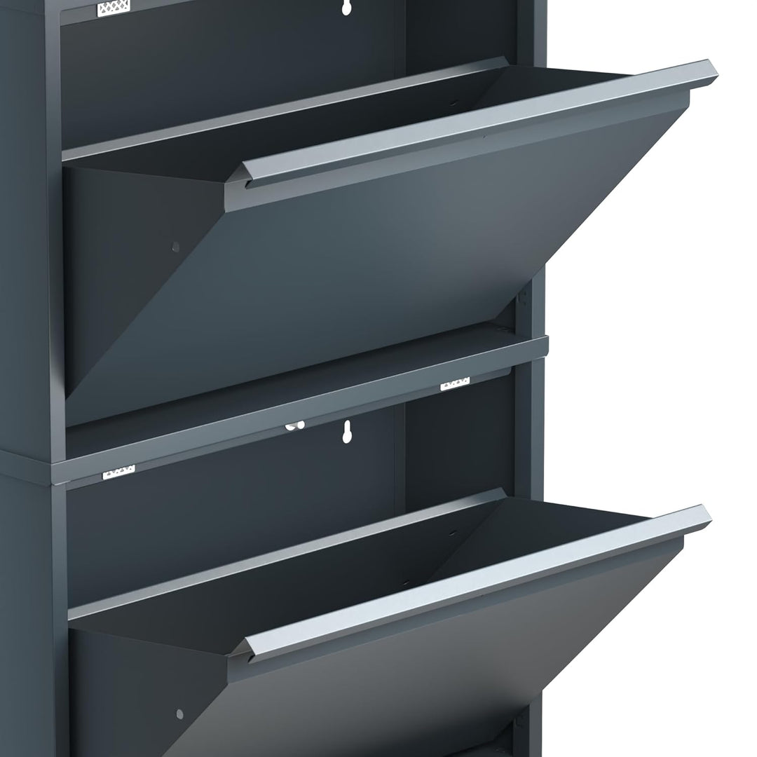 Schuhregal, schmal, hoch, Schuhschrank, mit magnetischem Deckel, Wandmontage, aus Metall (Graublau,