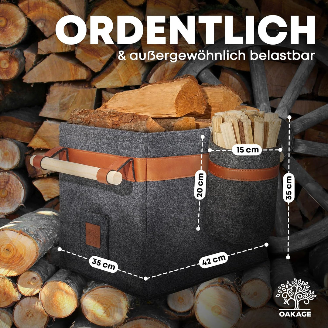 OAKAGE® Holzkorb für Kaminholz Gross mit Zündholzkorb [Integrierter Metallrahmen für Zusatzstabilitä