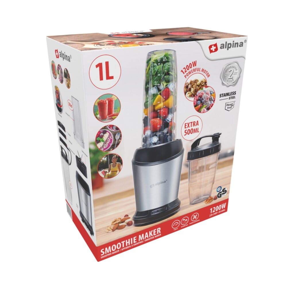 alpina Smoothie Maker 1200 W - Mixer 1L - Mixer Smoothie Maker - mit 500 ML Mitnehmbecher und Deckel