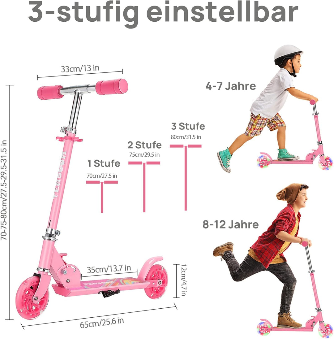 TENBOOM Roller Kinder ab 3 Jahre, 2 Räder Klappbar Scooter,3 Höhenverstellbare Kinderroller,Led-räde