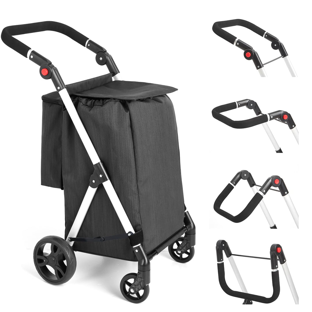 Einkaufstrolley, 46L Trolly Einkaufswagen Klappbar, 4 Rädern Aluminium Leichtgewicht Einkaufstrolley