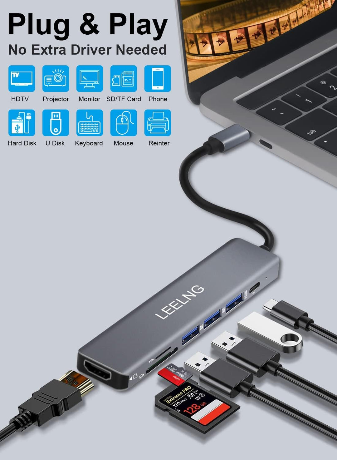 FITLONG 7-in-1 USB C Hub für MacBook, 4K HDTV, SD/TF-Kartenleser, USB C Docking Station für Computer