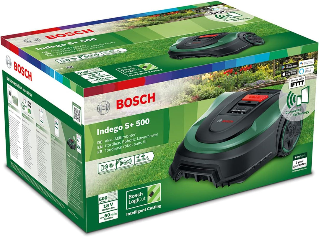 Bosch Home and Garden Rasenmäher Roboter Indego S+ 500 (mit 18V Akku und App-Funktion, Ladestation e