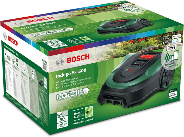 Bosch Home and Garden Rasenmäher Roboter Indego S+ 500 (mit 18V Akku und App-Funktion, Ladestation e