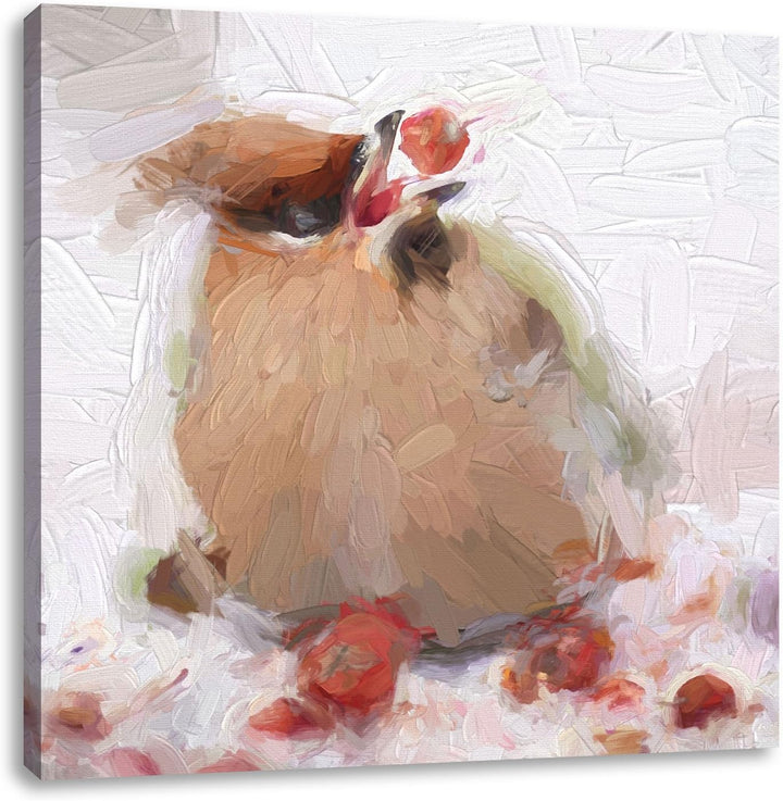 Pixxprint Kleiner Vogel im Schnee Pinsel Effekt, Format: 70x70 auf Leinwand, 70x70