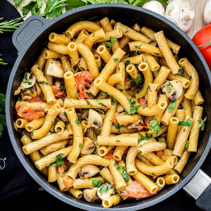 Eurolux Guss-Pfanne Induktion Set & Glas-Deckel Ø 26 cm abnehmbarer Griff - hoher Rand 7 cm - Alugus