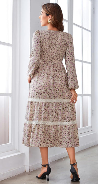 Kleid Damen Langarm Casual Elegant A Linie Maxikleid Boho Kleider Lang Wickelkleid Festliches Kleid