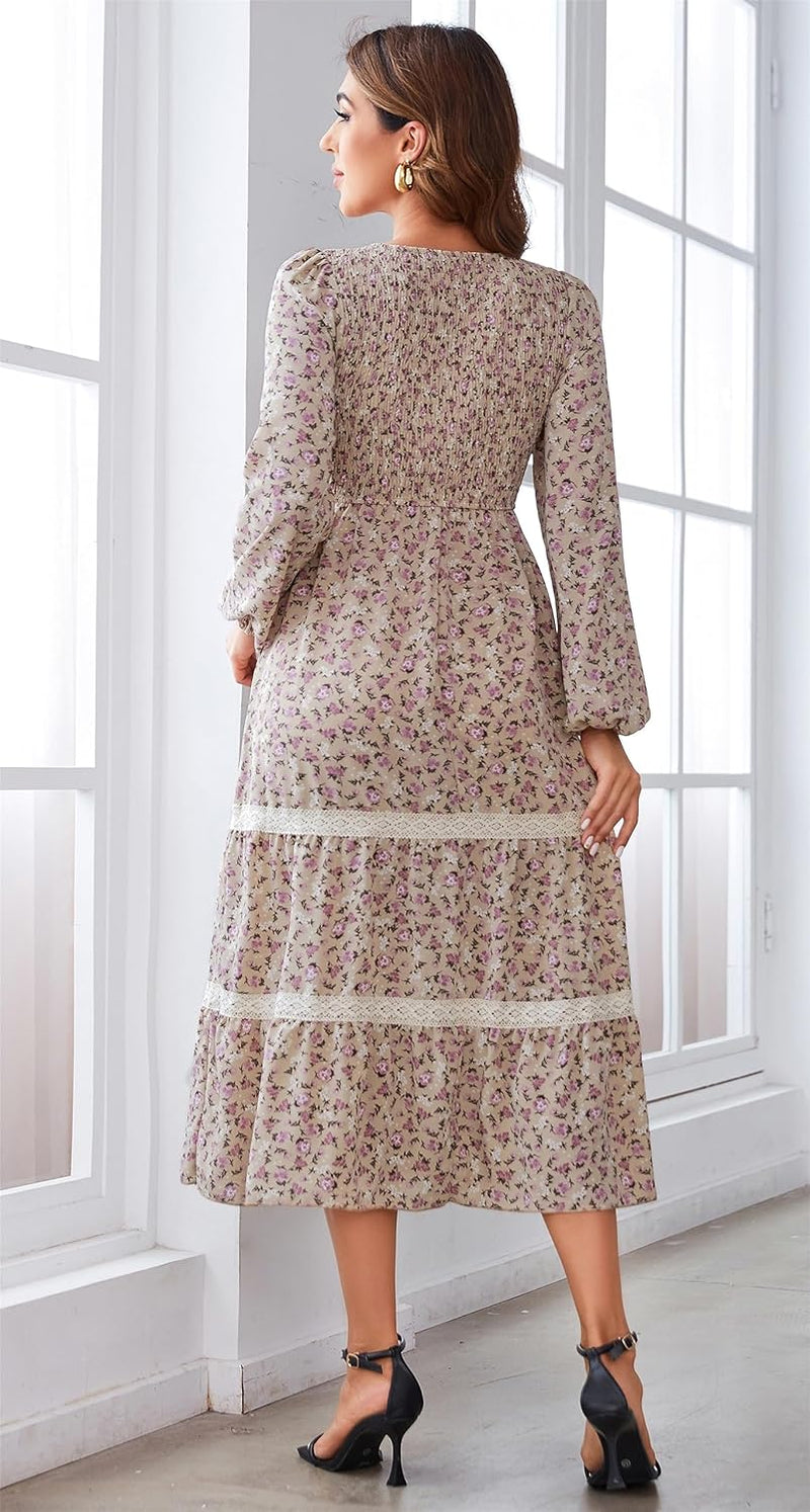 Kleid Damen Langarm Casual Elegant A Linie Maxikleid Boho Kleider Lang Wickelkleid Festliches Kleid