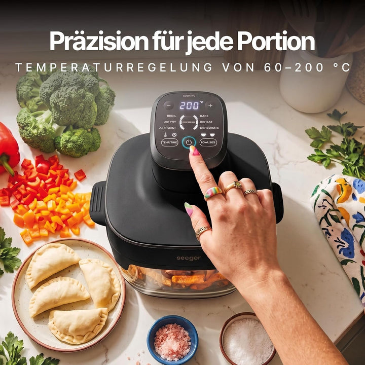 Seeger ClearFry Glas Heissluftfritteuse mit 6 Zubereitungsfunktionen | PFAS-Frei, 2 Glasbehälter (4.