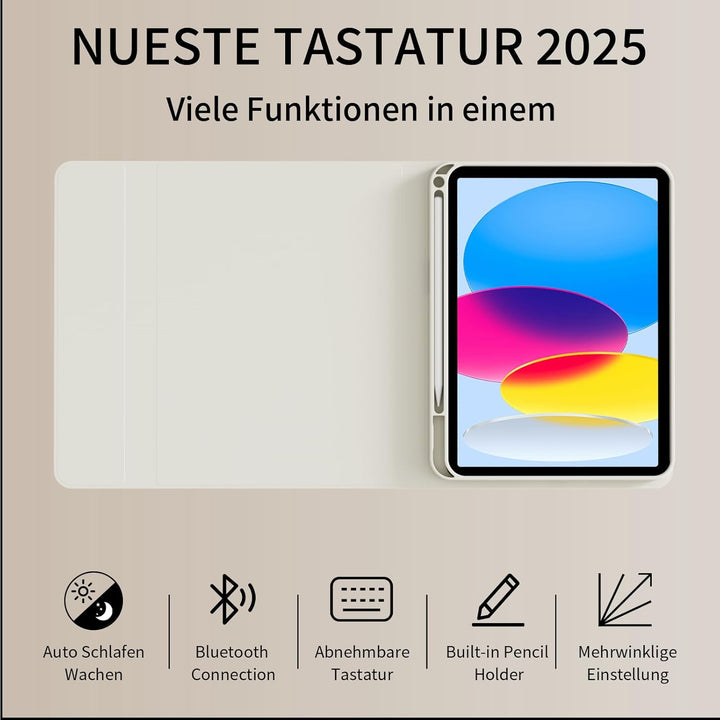 Hülle mit Tastatur für iPad A16 11 Generation 2025/10 Generation 2022 (11/10.9 Zoll), QWERTZ Layout,