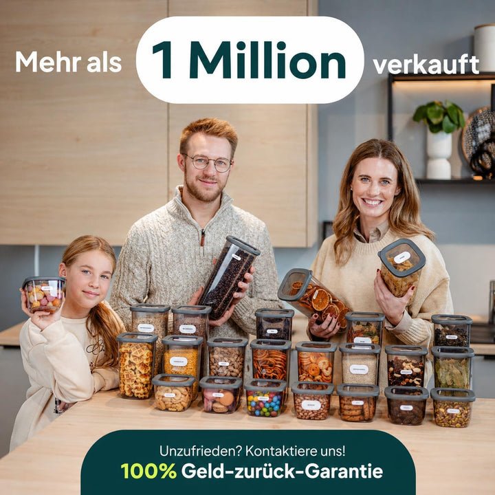 uandu Vorratsdosen mit Deckel luftdicht – 12er für Müsli, Mehl &amp; Zucker 12x1200ml-grau, 12x1200ml-gr