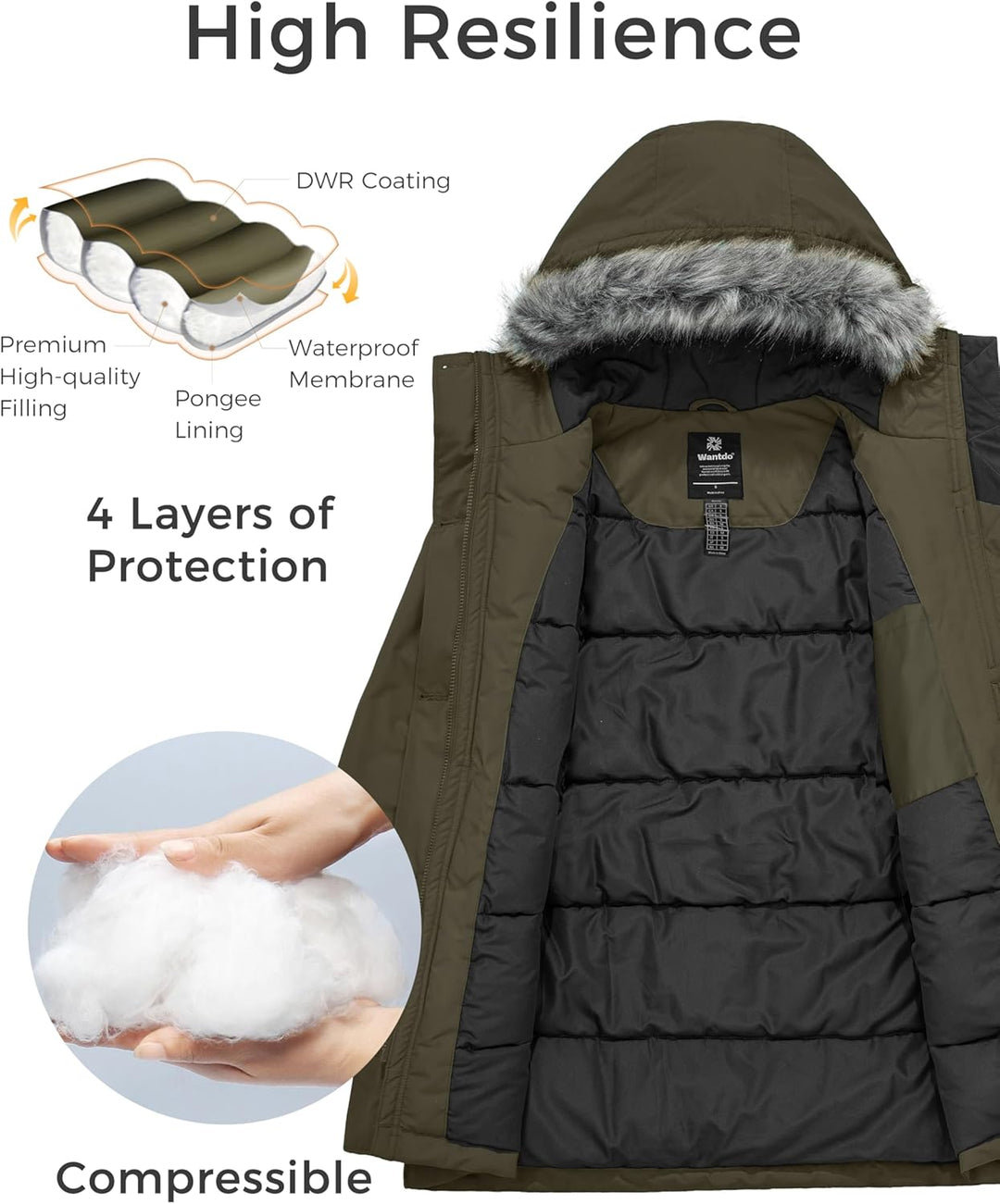 Wantdo Damen Winter Warm Puffer Mantel Wasserabweisend Outdoor Jacke Winddichte Oberbekleidung Mante